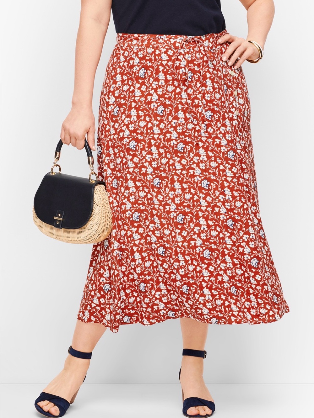 Plus size Talbots Rust Floral Midi Skirt-belt loops but no tie/belt included